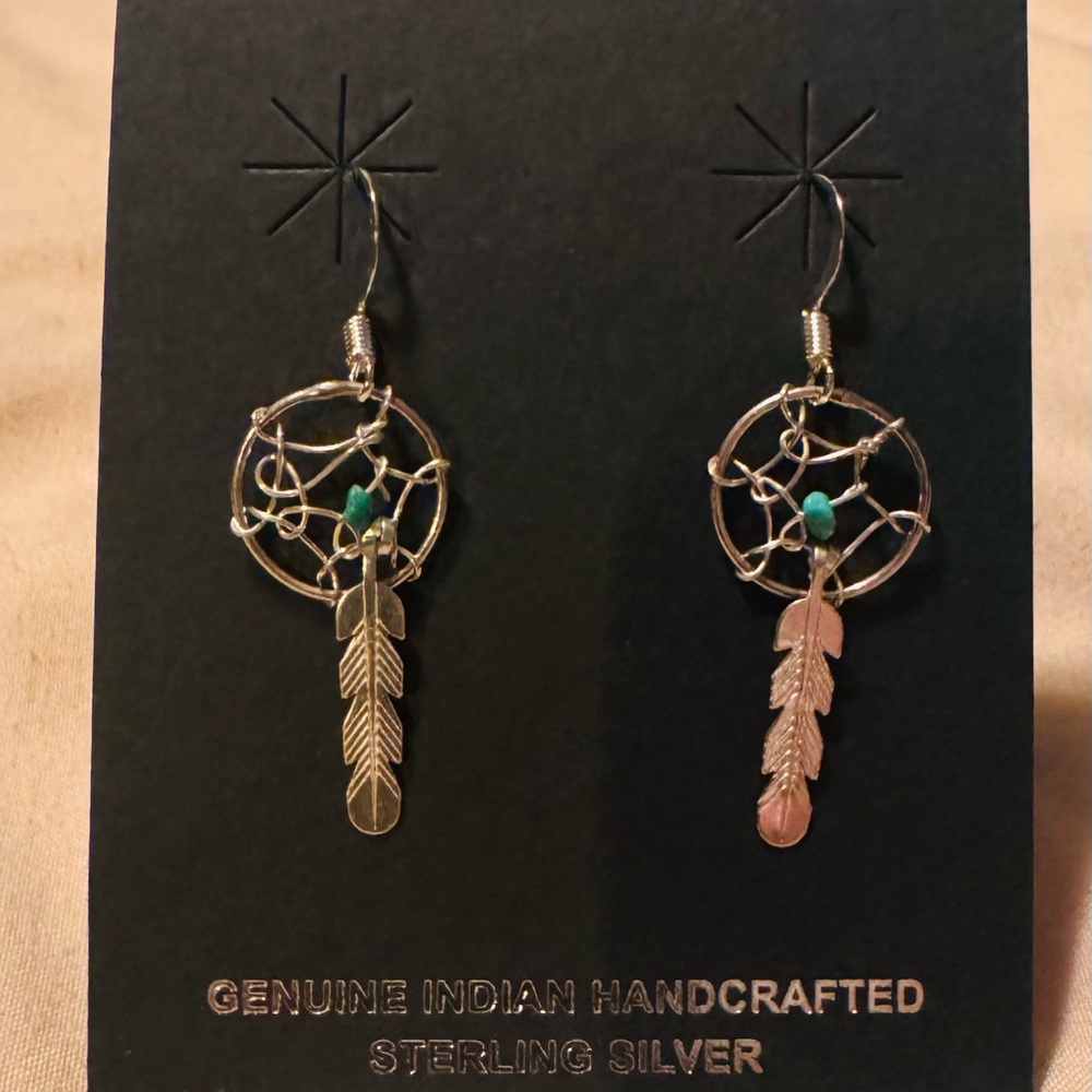 Handcrafted Sterling Silver Dreamcatcher Feather Earrings - Turquoise Accent